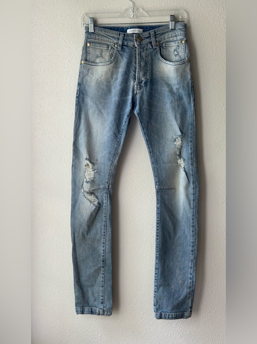 Pierre Balmain Paris Ripped Destroyed Denim Jeans Light Blue Slim Skinny 28